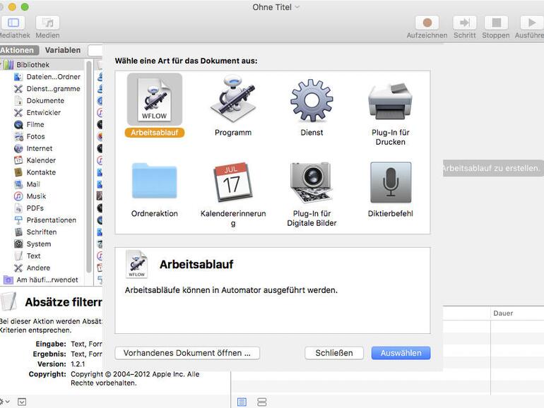 Mit Automator lassen sich Aufgaben automatisieren