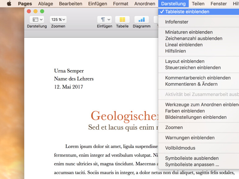 Tabs sind in Pages einfach aktiviert