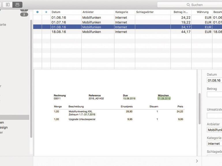 In vielen Dokumenten erkennt Receipts automatisch Beträge, Steuersätze und Datum und liest die Daten aus.
