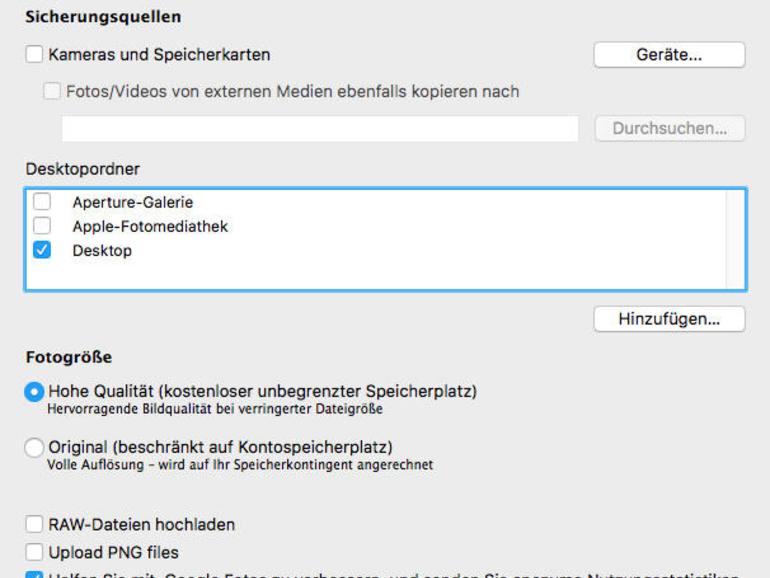 Die Mac-App Google Fotos Backup kann optional auch PNGs und RAWs hochladen.