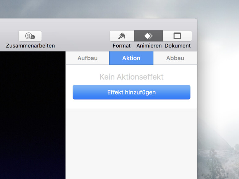 Oben rechts „Animieren" auswählen und dann auf „Aktion" klicken