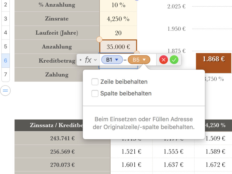 Es können sowohl Spalten als auch Zeilen beibehalten werden