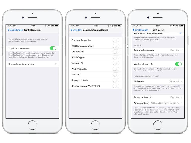 Links: Neue Einstellungen für das Kontrollzentrum
Mitte: Safari verfügt über experimentelle Funktionen
Rechts: „Beim Fahren nicht stören" kann aktiviert werden.