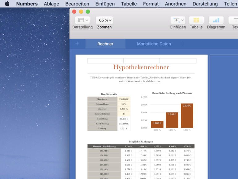 Die Kopfzeile wird in drei Teile geteilt