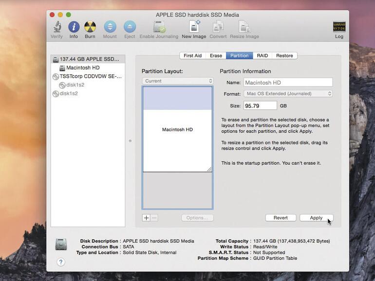 Mit dem Festplattendienstprogramm müssen Sie zunächst Platz für die Elementary-Installation schaffen.