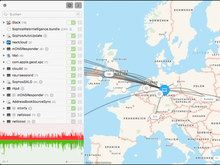 Die Karte zeigt den eigenen Standort und davon ausgehend alle Verbindungen. 
