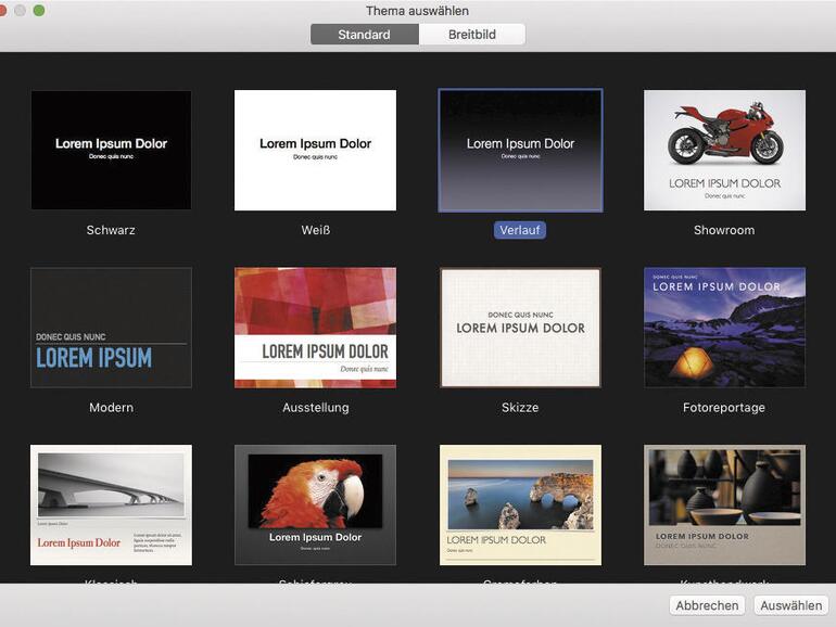 Die Arbeit in Keynote beginnt mit der Auswahl eines geeigneten Themas, das sich später anpassen lässt.