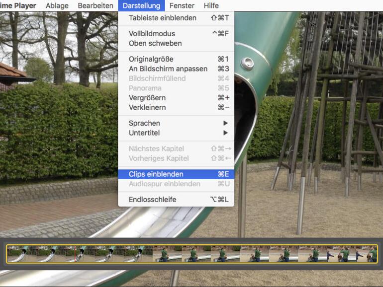 Um einzelne Bestandteile des Videos zu kopieren oder zu löschen müssen Sie zunächst „Clips einblenden“ über das Menü oder über das Tastenkürzel [cmd]+[E] wählen.