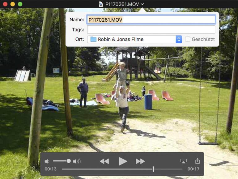 Video-Dateien können im QuickTime-Player direkt an andere Speicherorte verschoben und mit Schlagworten versehen werden.