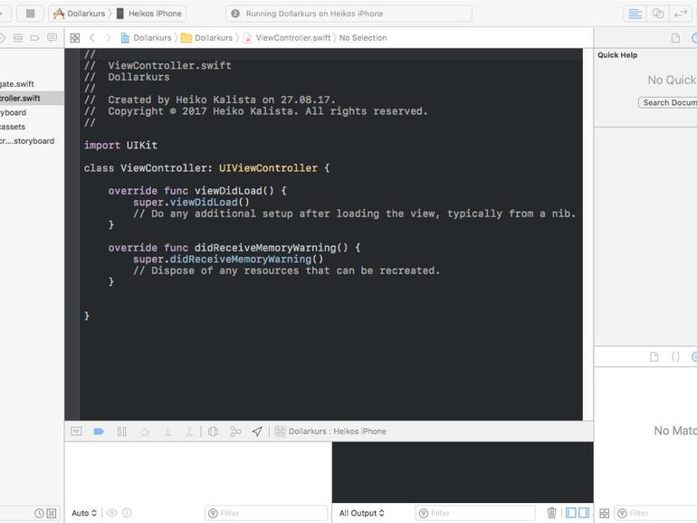 Die wichtigsten Bereiche in Xcode: Navigator (links), Debugging (unten), Utilities (rechts) und der Editor (Mitte).