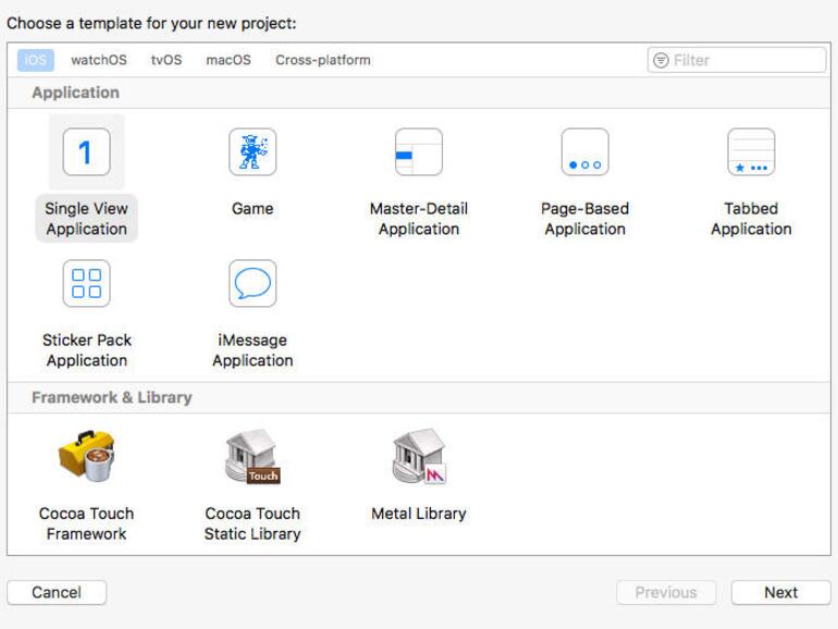 Auswahl des Anwendungstyps „Single View Application“ in der Kategorie „iOS“.