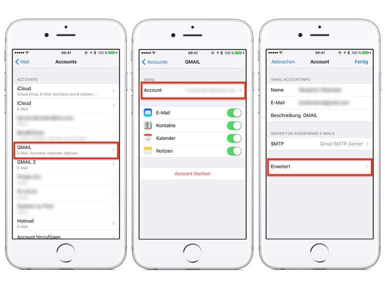 Die Lösch-Optionen der einzelnen Accounts sind etwas versteckt