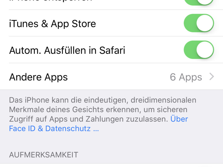 Datenschutzrelevante Einstellungen lassen sich in den Face-ID-Einstellungen vornehmen.