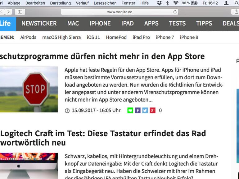 Safari erlaubt individuelle Einstellungen für Schriftgröße und das automatische Öffnen im Reader für einzelne Webseiten.