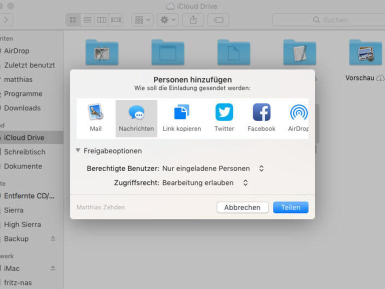 iCloud Drive rückt weiter an Dropbox und andere Cloud-Dienste heran. Sie können eine Datei auswählen und über „Bereitstellen“ einen Dienst wählen und dann Personen zum Teilen der Datei darüber einladen. Entweder über die Konten oder über einen Link, den jeder öffnen kann.
