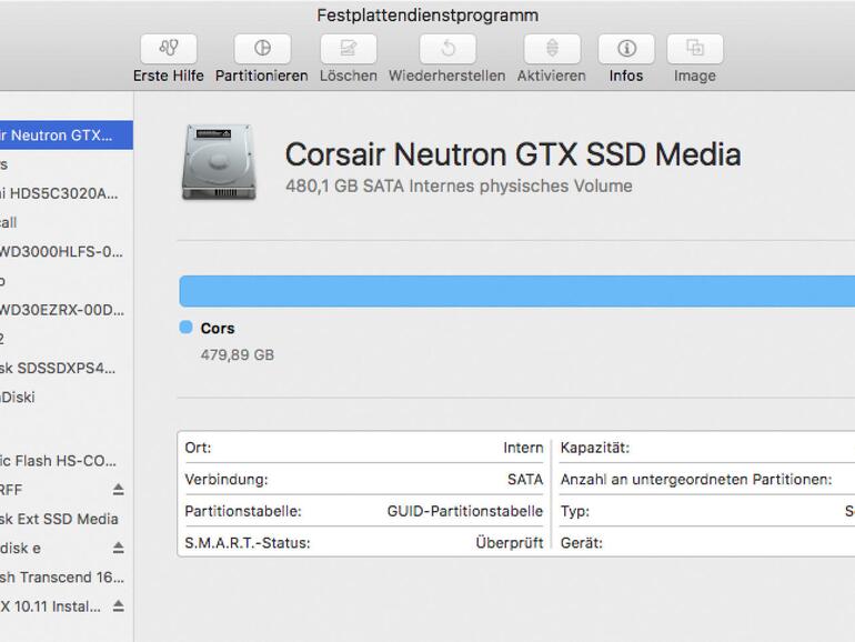 Die Oberfläche des Festplattendienstprogramms zeigt auf der linken Seite die angeschlossenen Laufwerke, rechts allgemeine Informationen zum ausgewählten Medium und oben eine Reihe von Befehlen. Ist ein Icon ausgegraut, ist dieser Befehl auf das ausgewählte Medium nicht anwendbar.