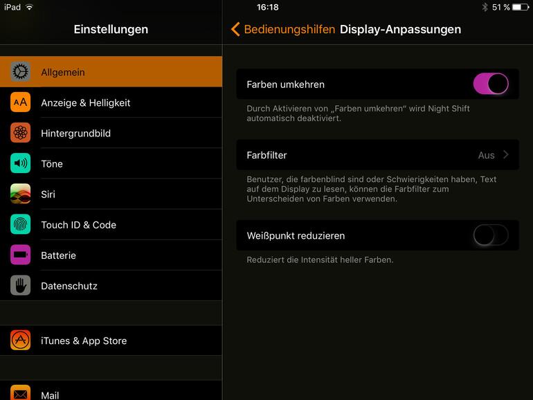 Das Umkehren der Farben kann enorm dabei helfen, Texte und Schaltflächen besser zu erkennen.