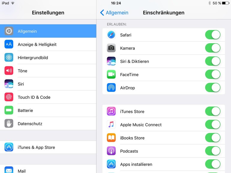 Besonders viele Einstellungsmöglichkeiten gibt es in der Sektion „Einschränkungen“. Das ist etwa dann nützlich, wenn ungewollte In-App-Käufe vermieden werden sollen.