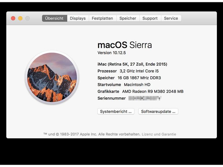 Über diesen Mac: Info auf Rechner mit macOS Sierra