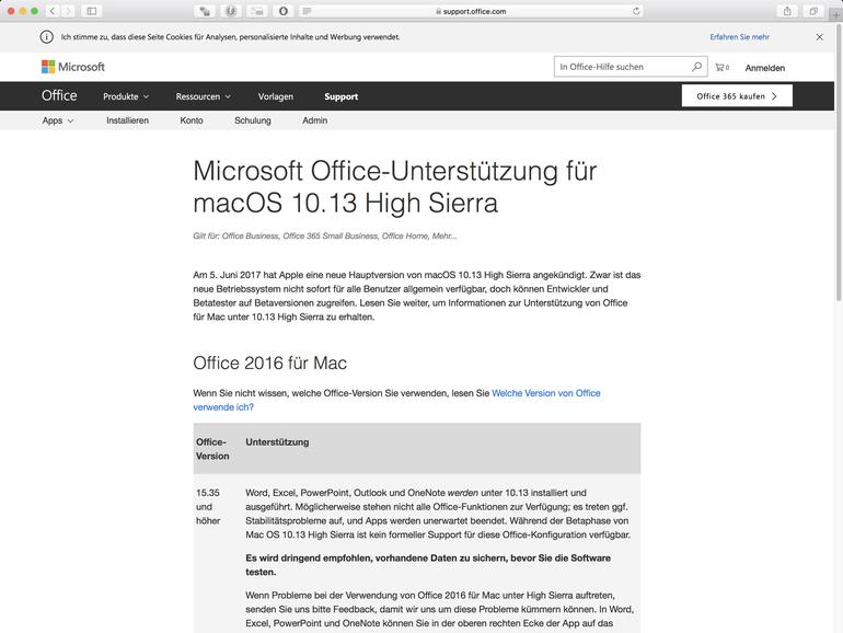 Hinweise zum Support von High Sierra von Microsoft Office