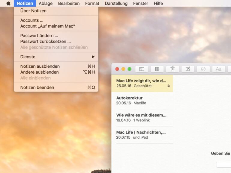 Vor dem Zurücksetzen des Passworts unbedingt alle geschützen Notizen schließen
