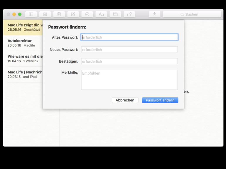 Das neue Passwort gilt für alle geöffneten geschützen Notizen sowie für Notizen, die noch mit einem Passwortschutz versehen werden