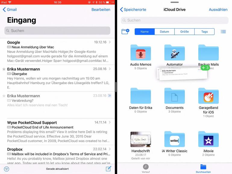 Nur iPad-Besitzer haben dank des Split View die Möglichkeit, ihre Mails zu sichern. Wird die Dateien-App parallel geöffnet, lassen sich Mails einfach auf einen Ordner ziehen.