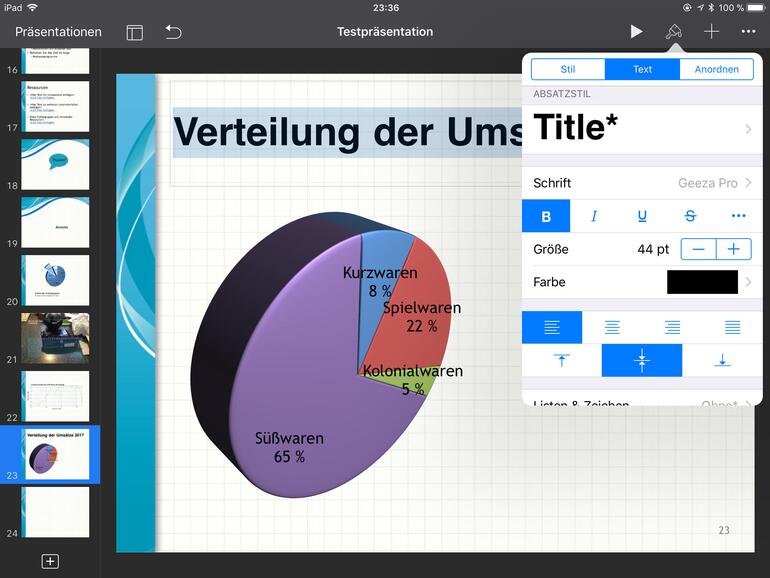 Mit Keynote lassen sich nicht nur Präsentationen erstellen und bearbeiten, sondern auf dem größeren Display des iPad vor kleinen Gruppen auch durchaus vorführen.