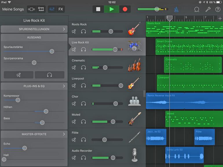Auf dem größeren iPad-Display lassen sich Musikstücke sehr gut aus mehreren Spuren abmischen und mit Effekten versehen.