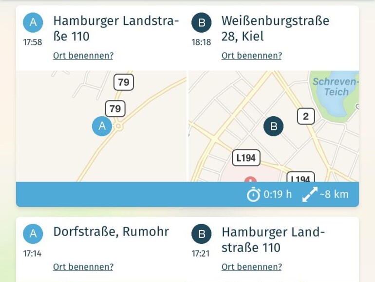 Das Fahrtenbuch von TankTaler dokumentiert die Fahrten und ist im CSV-Format exportierbar.