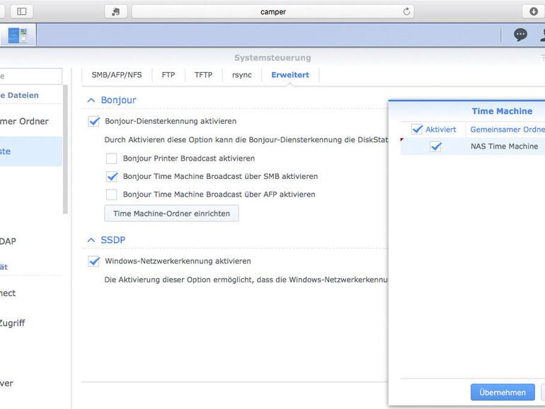 Die Dateidienste der Diskstation sorgen dafür, dass Time Machine den gemeinsamen Ordner im Netzwerk findet.