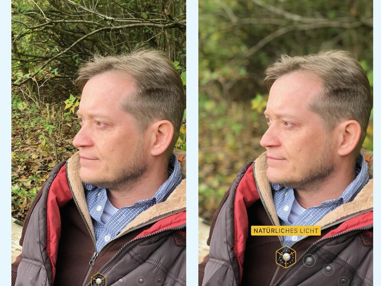 1) Der Porträtmodus lässt sich auch nachträglich an- oder ausschalten und sorgt dafür, dass der Bildhintergrund automatisch unscharf wird – so, als wäre das Bild mit einer hochwertigen Kamera bei weit geöffneter Blende aufgenommen. Zusätzlich beherrschen das iPhone X und 8 Plus aber auch den neuen Porträtlicht-Modus.