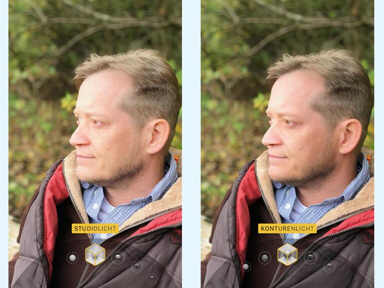 2) Hier hat man die Wahl zwischen verschiedenen, nur simulierten Beleuchtungen. Bei „Natürliches Licht“ wird nichts geändert. Bei „Studiolicht“ wird das Hauptmotiv deutlich aufgehellt, als wäre es mit etlichen Scheinwerfern ausgeleuchtet. Beim „Konturenlicht“ werden die Kontraste des Hauptmotivs deutlich verstärkt.