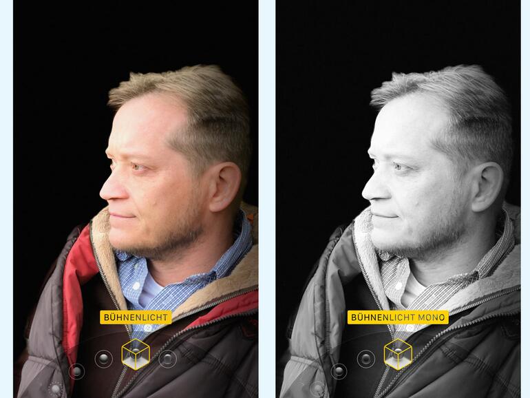 3) Zusätzlich gibt es auch noch das „Bühnenlicht“ in Farbe und einer „Mono“-Version. Hierbei wird der Hintergrund komplett geschwärzt und das Hauptmotiv auf Wunsch in dramatisches Schwarzweiß gehüllt. Dafür muss das Motiv aber in der Bildmitte und nicht am Rand sein, denn es wird ein Scheinwerfer auf die Mitte simuliert.