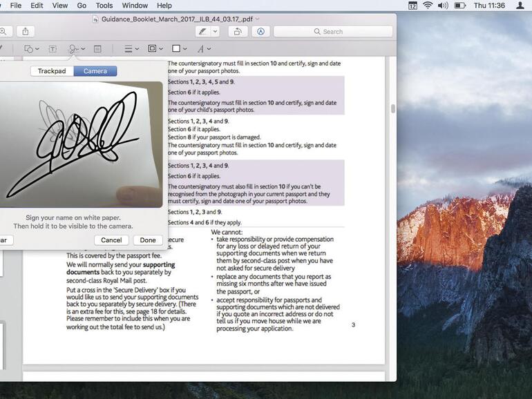 Mit Vorschau können Sie eine digitale Kopie Ihrer Unterschrift für das Signieren von PDFs speichern. Über die iCloud steht sie auch unter iOS 11 zur Verfügung.