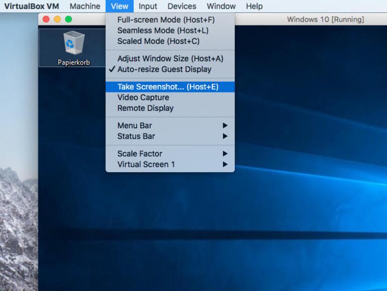 Suchen Sie im Menü der virtuellen Maschine nach Optionen für die Skalierung von Windows und Screenshots.