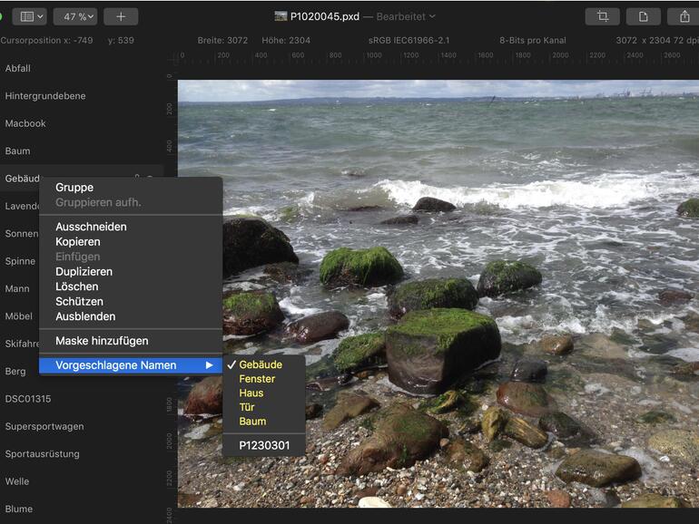 Entspricht der Name nicht Ihren Vorstellungen, können Sie per rechtem Mausklick einen anderen Namen aus der Vorschlagsliste wählen, oder per Doppelklick selbst Hand anlegen.
