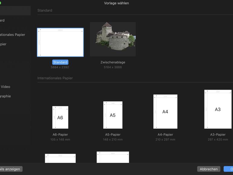 Für neue Dokumente bietet Pixelmator Pro unterschiedliche Papiergrößen an