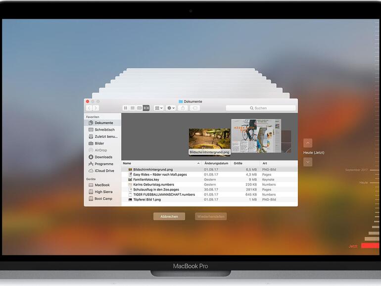 Klicken Sie auf „Wiederherstellen“, um das aus der Zeitleiste ausgewählte Element wiederherzustellen.