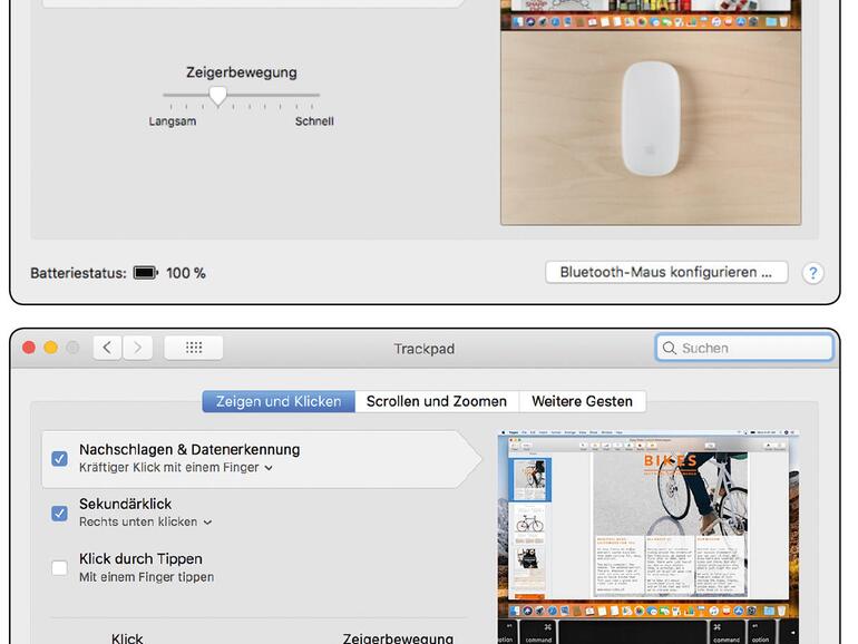 In den Systemeinstellungen können Linkshänder die Maus auf ihre Bedürfnisse hin anpassen. Für das Magic Trackpad bietet macOS in zahlreiche Konfigurationsmöglich-keiten.