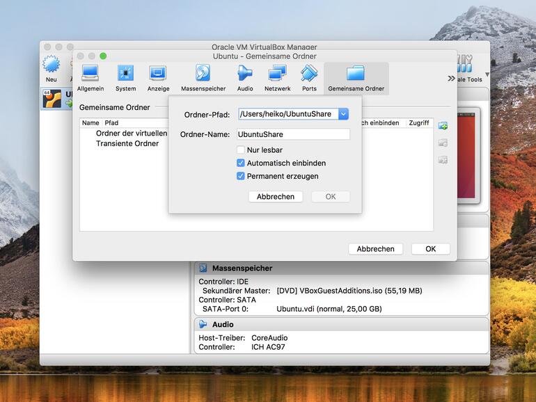 Aktivieren Sie die beiden unteren Häkchen, damit Ihnen der gemeinsame Ordner auch nach einem Neustart von Ubuntu sofort zur Verfügung steht