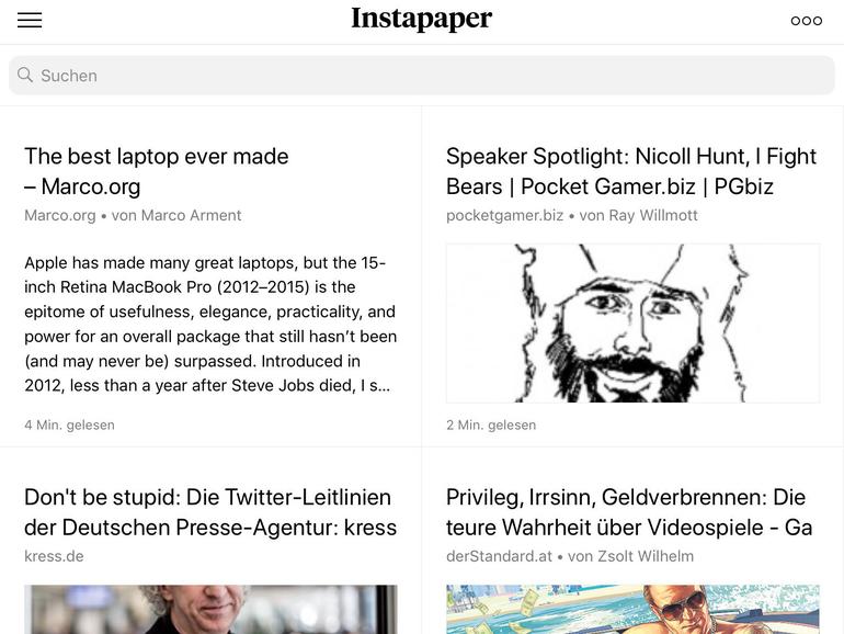 Instapaper orientiert sich bei der Darstellung der Artikel an Zeitungen.