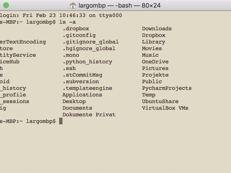 Mit einem kurzen Befehl werden auch versteckte Dateien und Verzeichnisse angezeigt. An die etwas karge Darstellung gewöhnt man sich schnell.