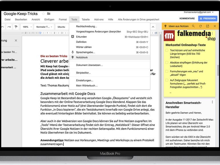 Mithilfe des „Tools“-Menüs der Webversion von Google Docs blenden Sie Ihre Notizen aus Google Keep ein.