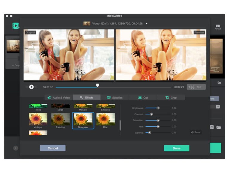 macXvideo kann Videos sogar vor der Umwandlung bearbeiten und mit Filtern versehen