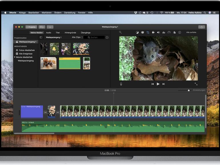 Der Arbeitsbereich von iMovie: Oben links die Medienübersicht, daneben die Vorschau. Unten befindet sich die Timeline, in der Sie Ihren Film arrangieren.