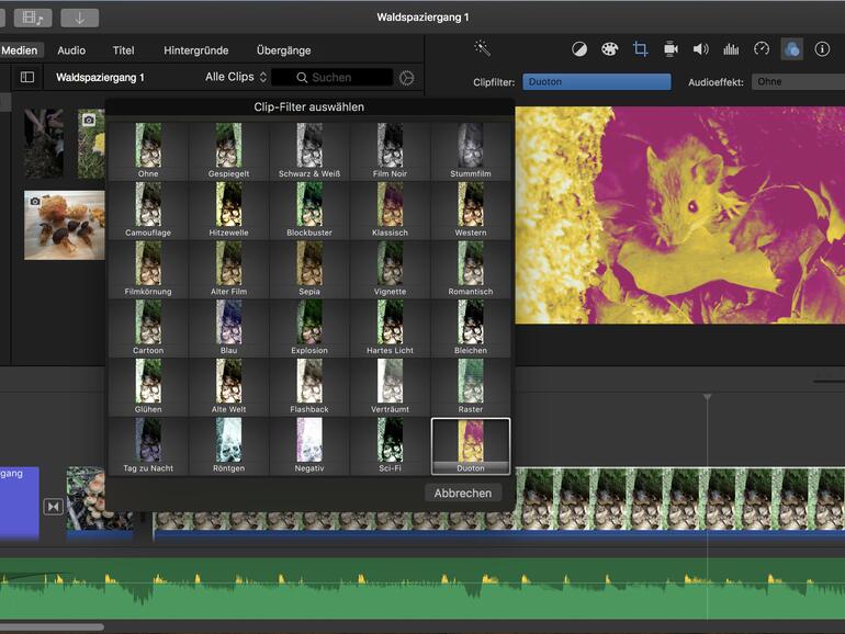 Mit den Clipfiltern lassen sich interessante Effekte erzielen. Sie erhalten eine Vorschau, indem Sie den Mauszeiger langsam über den Effekt bewegen.