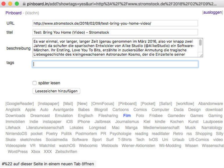 Mithilfe sogenannter Bookmarklets kann man schnell und komfortabel Lesezeichen zu Pinboard hinzufügen.