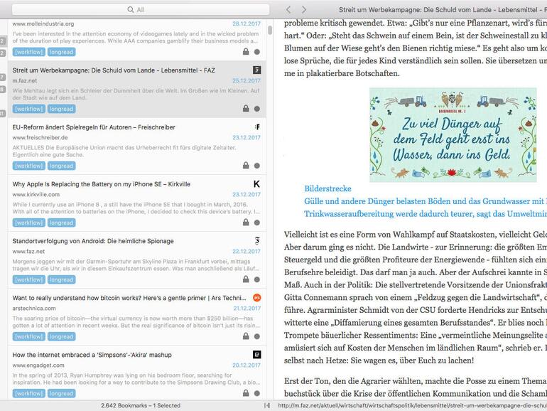 Spillo ist die beste Möglichkeit, um auf dem Mac in der Pinboard-Sammlung zu recherchieren.