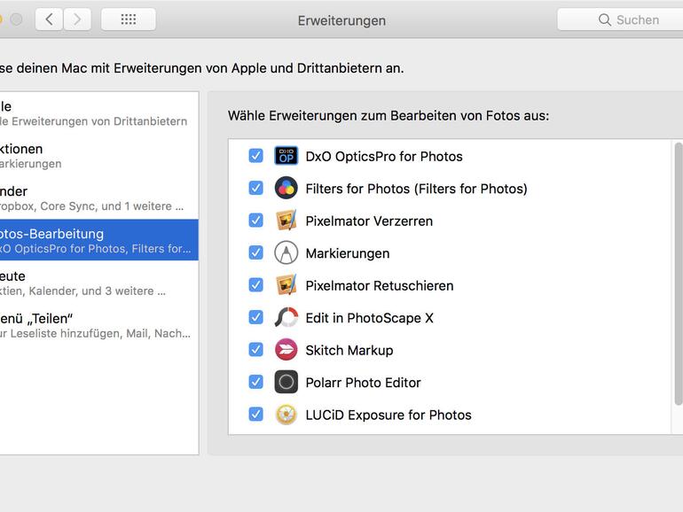 Ob eventuell schon Plug-ins für die Fotos-App auf Ihrem Mac installiert sind, sehen Sie in den Systemeinstellungen unter „Erweiterungen“